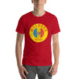 Red t-shirt with a yellow circle with red Moldova Rugby inscription around a circle with aqua, red, and yellow details from the country's flag.