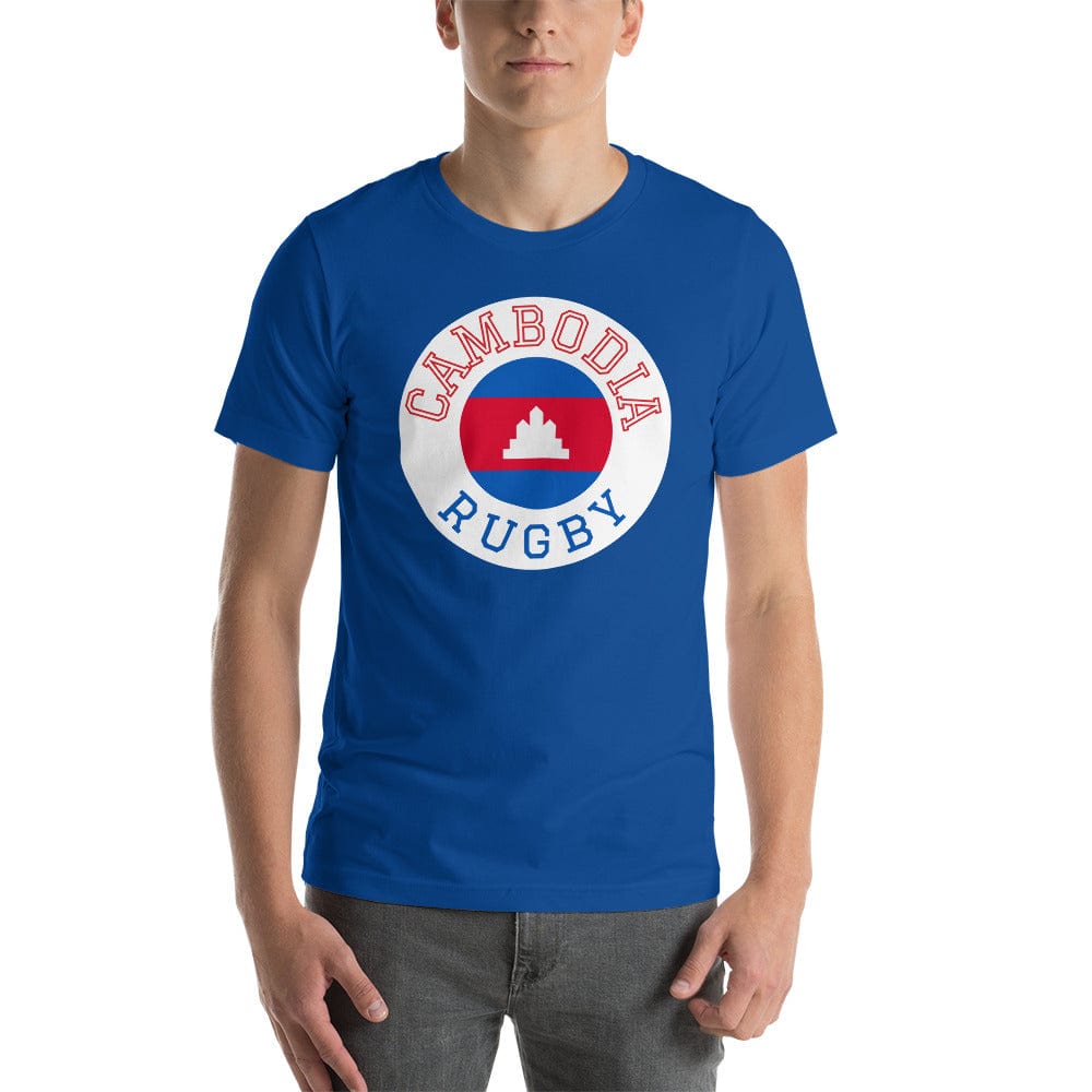 royal blue t-shirt with Cambodia Rugby inscription and red and royal blue details from the country's flag