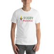 White t-shirt with green, red and yellow design featuring a Rugby Myanmar inscription and details of the country's flag.