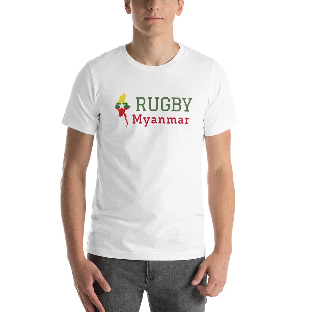 White t-shirt with green, red and yellow design featuring a Rugby Myanmar inscription and details of the country's flag.