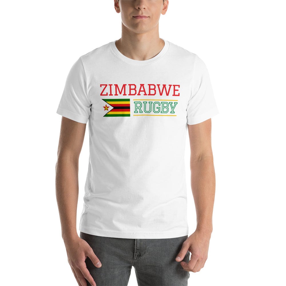 White t-shirt with red and green 'Zimbabwe Rugby' inscription side a Zimbabwe flag, center front.