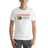 White t-shirt with red and green 'Zimbabwe Rugby' inscription side a Zimbabwe flag, center front.