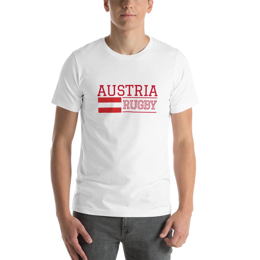 White t-shirt with Austria Rugby inscription and details from the country's flag