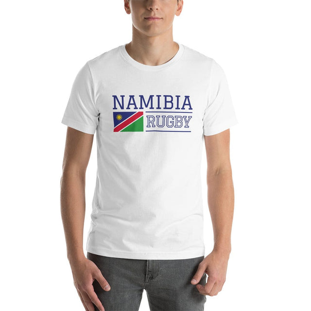 White t-shirt with a center front design including Namibia Rugby blue text aside a Namibia flag.a 