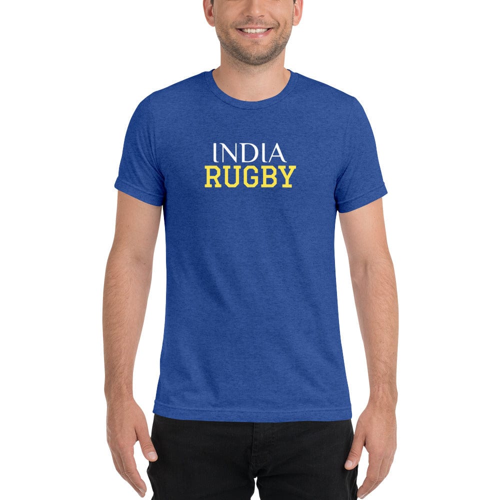 Royal blue  t-shirt with a center front design featuring a yellow and white India Rugby inscription.