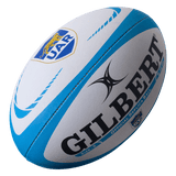 Black Gilbert Logo on Blue and White Rugby Ball