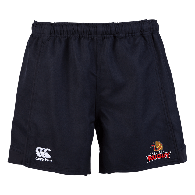 Raleigh Rugby Club Canterbury Black Advantage Rugby Shorts with the words rugby on it.