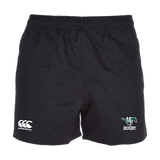 Myers Park Rugby Canterbury Black Professional Polyester Pocketed Rugby Shorts with the words rugby on it.