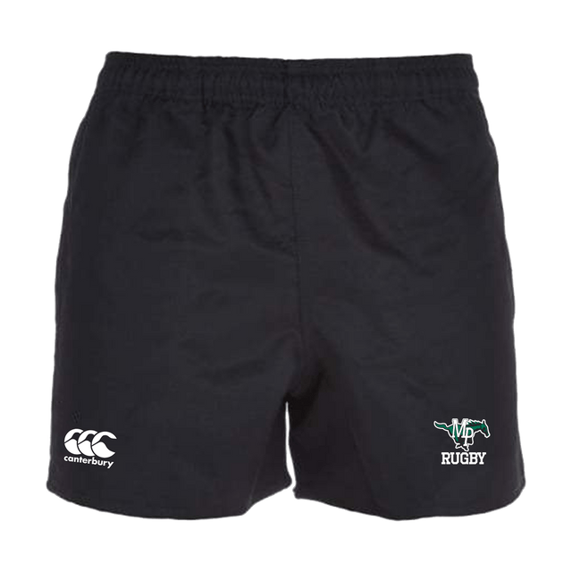 Myers Park Rugby Canterbury Black Professional Polyester Pocketed Rugby Shorts with the words rugby on it.