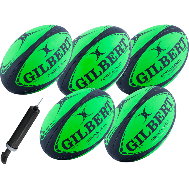 Gilbert Control-A-Ball Rugby Pack 5 Balls and Pump