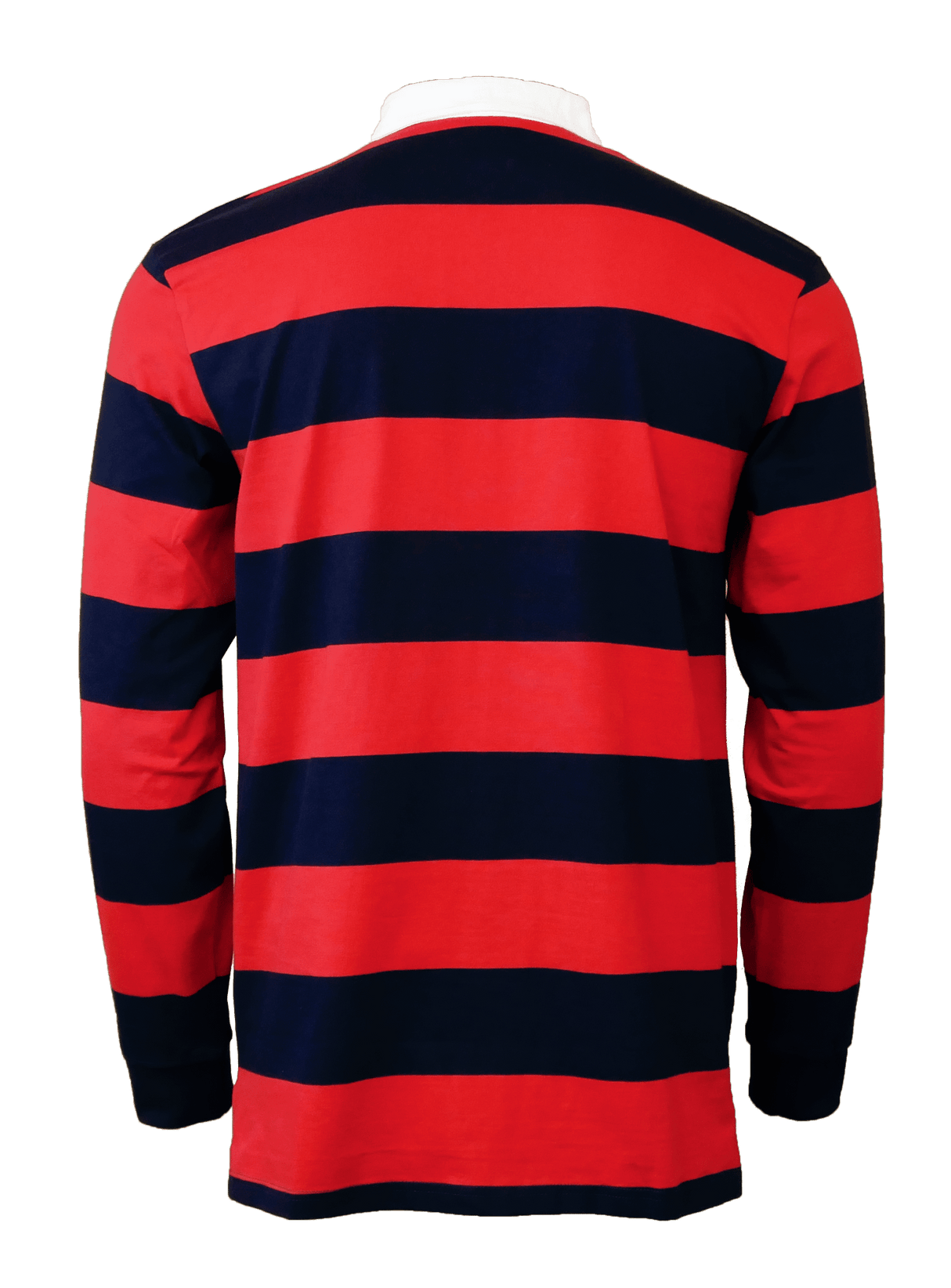 A red and black striped USA Rugby Classic Rugby Jersey with a white collar.