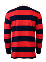 A red and black striped USA Rugby Classic Rugby Jersey with a white collar.