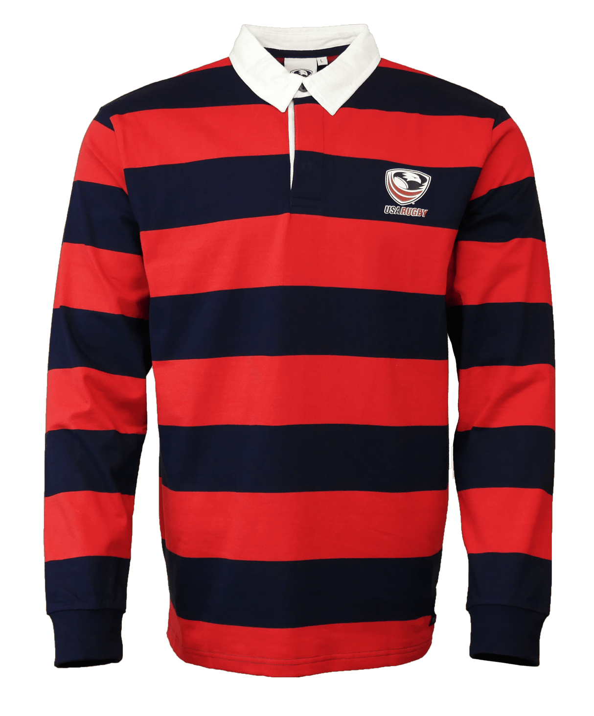 A USA Rugby Classic Rugby Jersey in red and black stripes with a white collar.