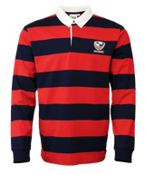 A USA Rugby Classic Rugby Jersey in red and black stripes with a white collar.