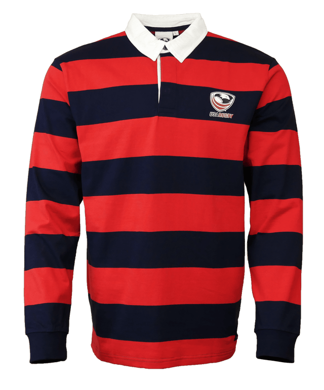 A USA Rugby Classic Rugby Jersey in red and black stripes with a white collar.