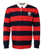 A USA Rugby Classic Rugby Jersey in red and black stripes with a white collar.