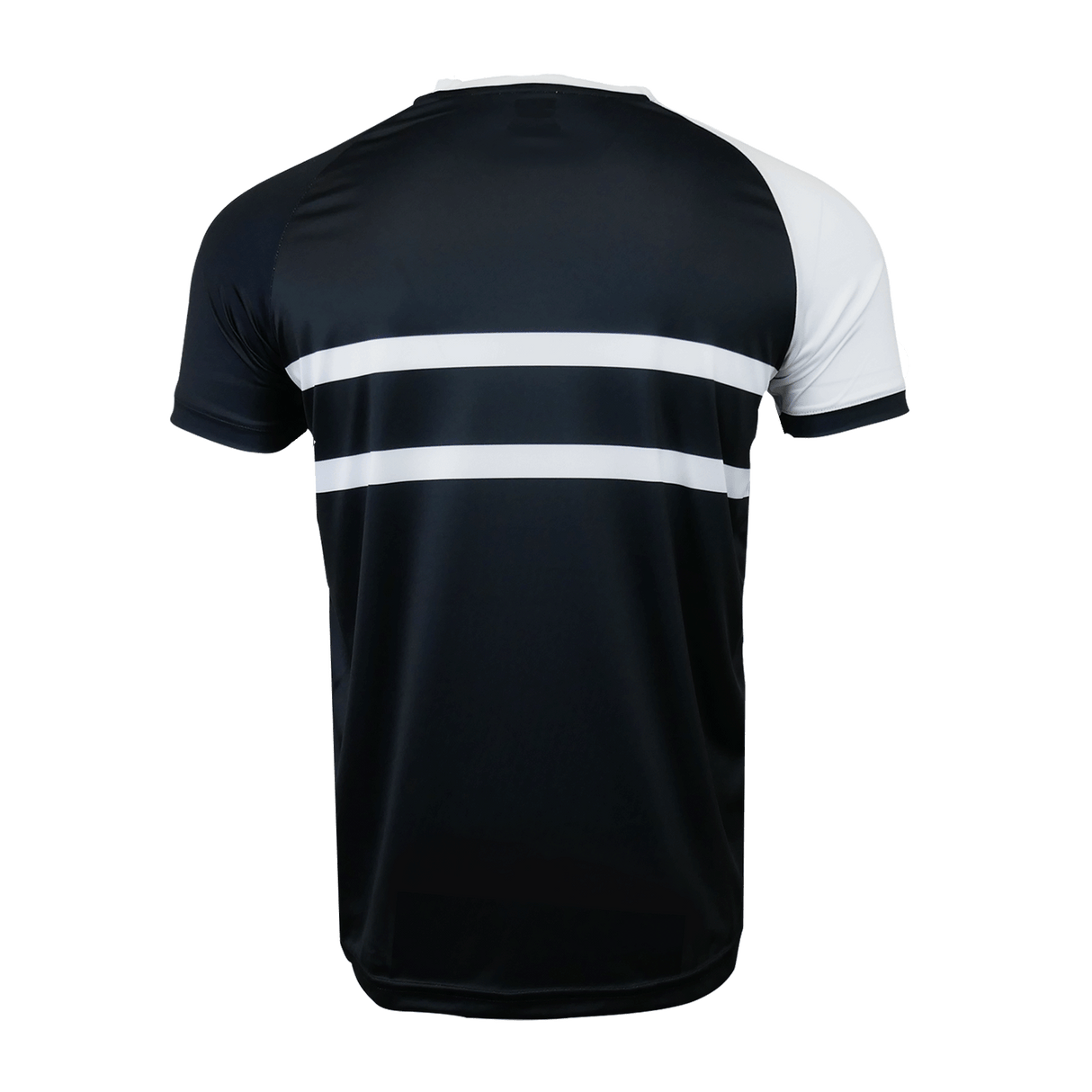 Back side of round neck short sleeve jersey with white right sleeve trimmed in black. Except for two white stripes in the middle the jersey is black.