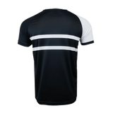 Back side of round neck short sleeve jersey with white right sleeve trimmed in black. Except for two white stripes in the middle the jersey is black.