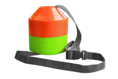 a Kwik Goal neon orange and green Mini Cones Disc Kit bag with a black strap.