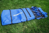 Blue 6-Seat Rugby Bench Collapsed And Being Placed Into Blue Carry Bag