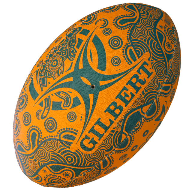 Orange Gilbert Wallabies Rugby ball with green logo and indigenous designs.