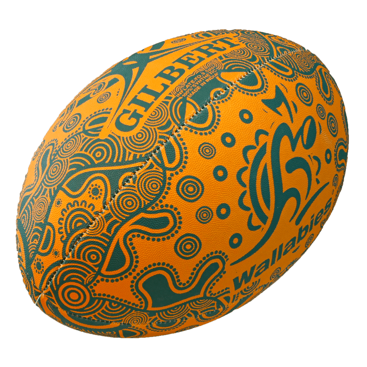 Orange rugby ball with Gilbert, Wallabies and indigenous design in green.