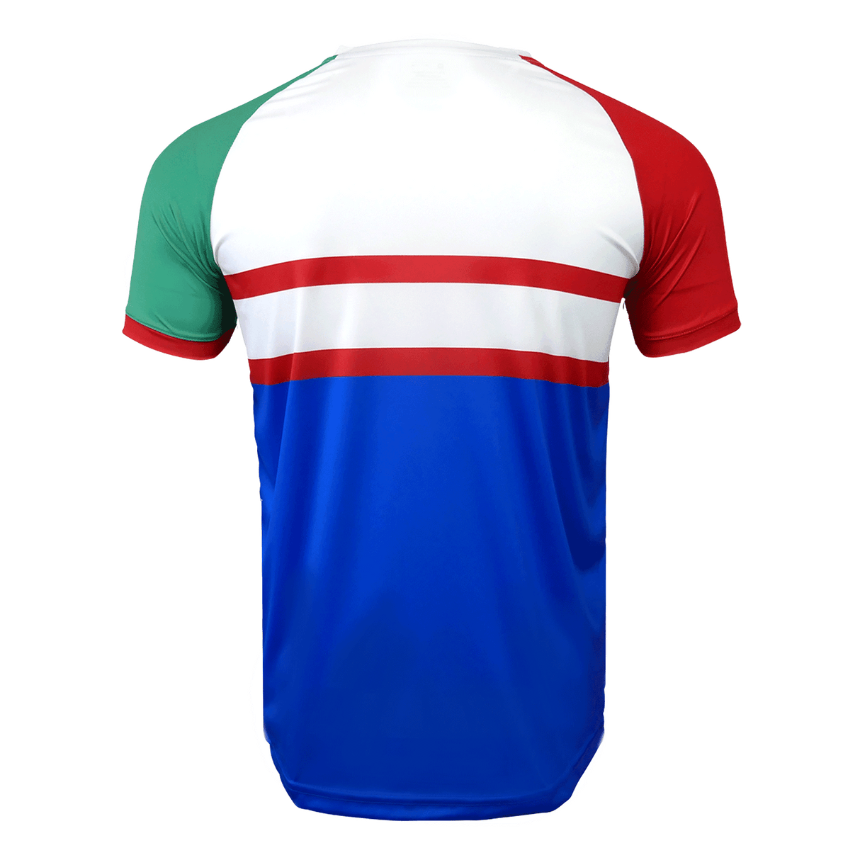 Back side of jersey with green left sleeve trimmed in red, right sleeve trimmed in red, white upper torso with two red stripes in the center and blue below the red.