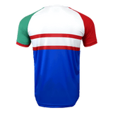 Back side of jersey with green left sleeve trimmed in red, right sleeve trimmed in red, white upper torso with two red stripes in the center and blue below the red.