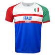 Round neck short sleeve jersey. Red right sleeve band in red, green left sleeve band in red, white chest with two red stripes and Italy in the middle. Rugby underneath Italy in the red line. Blue lower half and Italian flag on chest. sri