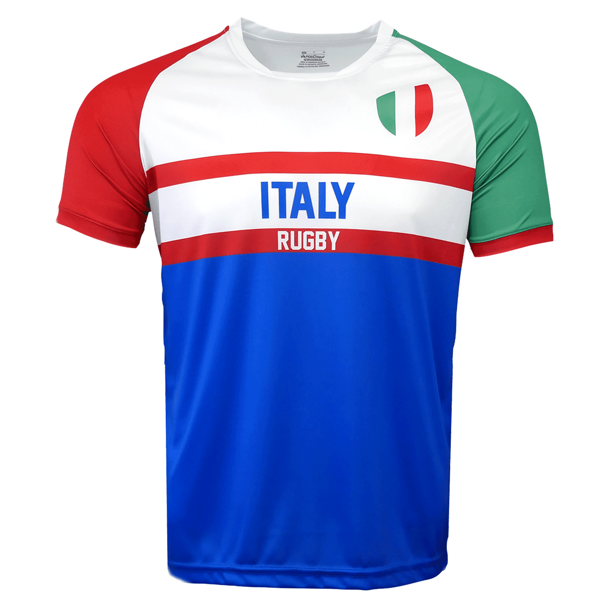 Round neck short sleeve jersey. Red right sleeve band in red, green left sleeve band in red, white chest with two red stripes and Italy in the middle. Rugby underneath Italy in the red line. Blue lower half and Italian flag on chest. sri