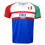 Round neck short sleeve jersey. Red right sleeve band in red, green left sleeve band in red, white chest with two red stripes and Italy in the middle. Rugby underneath Italy in the red line. Blue lower half and Italian flag on chest. sri