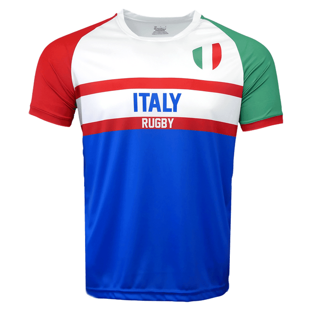 Round neck short sleeve jersey. Red right sleeve band in red, green left sleeve band in red, white chest with two red stripes and Italy in the middle. Rugby underneath Italy in the red line. Blue lower half and Italian flag on chest. sri