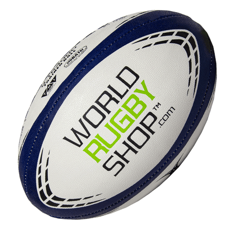 A Gilbert rugby ball with the word Gilbert world rugby shop on it.