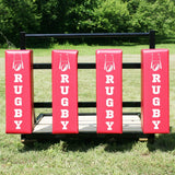 Red Scrum Pads With White RUGBY On Each Pad, View from Straight In Front