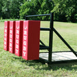 Front Side Angle View of 4 Red Pads on Scrum Sled with RUGBY On Each