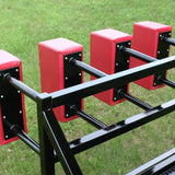 View From Behind of Red Foam Pads Mounted Onto Black Scrum Sled