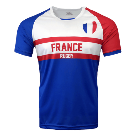 White, red and blue round neck short sleeve jersey. Blue right shoulder and sleeve with red left shoulder and sleeve trimmed in blue. Two red horizontal stripes in the center of jersey with France and Rugby below.